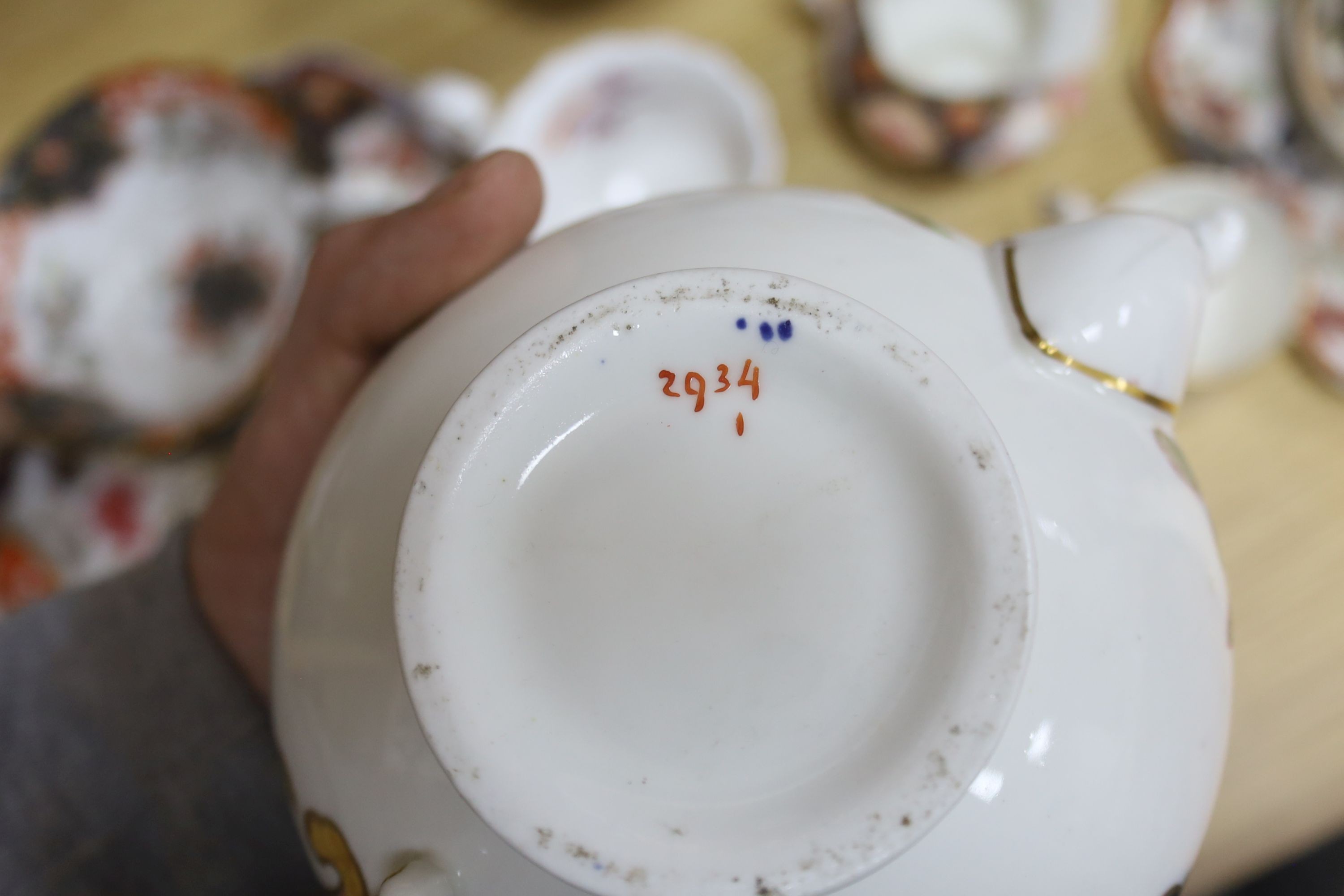 A A group of Staffordshire bone china Imari pattern tea and coffee wares Imari pottery tea set and Copeland Spode ‘Devonian’ dessert service